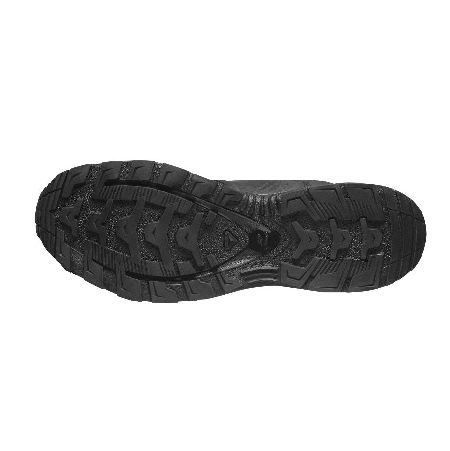 Bottom view of the Black Salomon XA Forces Jungle Boot showing the aggressive tread pattern and Contagrip traction system.