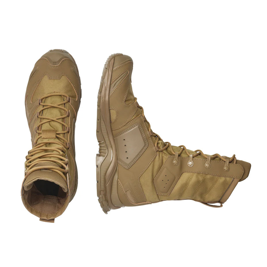 Pair of Salomon XA Forces Jungle Boots in Coyote Brown showcasing the lightweight high-cut design, breathable construction, and aggressive Contagrip outsole built for jungle and hot-weather operations.