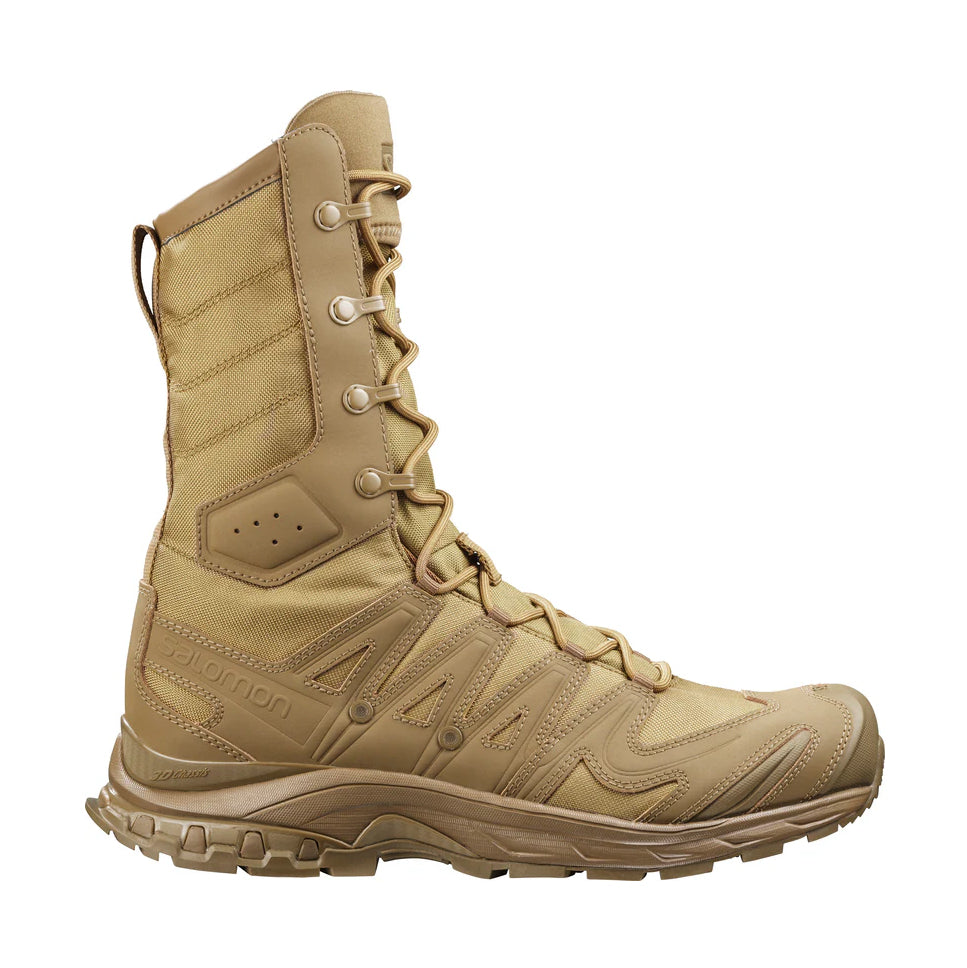Salomon XA Forces Jungle Boot in Coyote Brown featuring a lightweight high-cut design, drainage construction, and Contagrip outsole for hot and wet environments.
