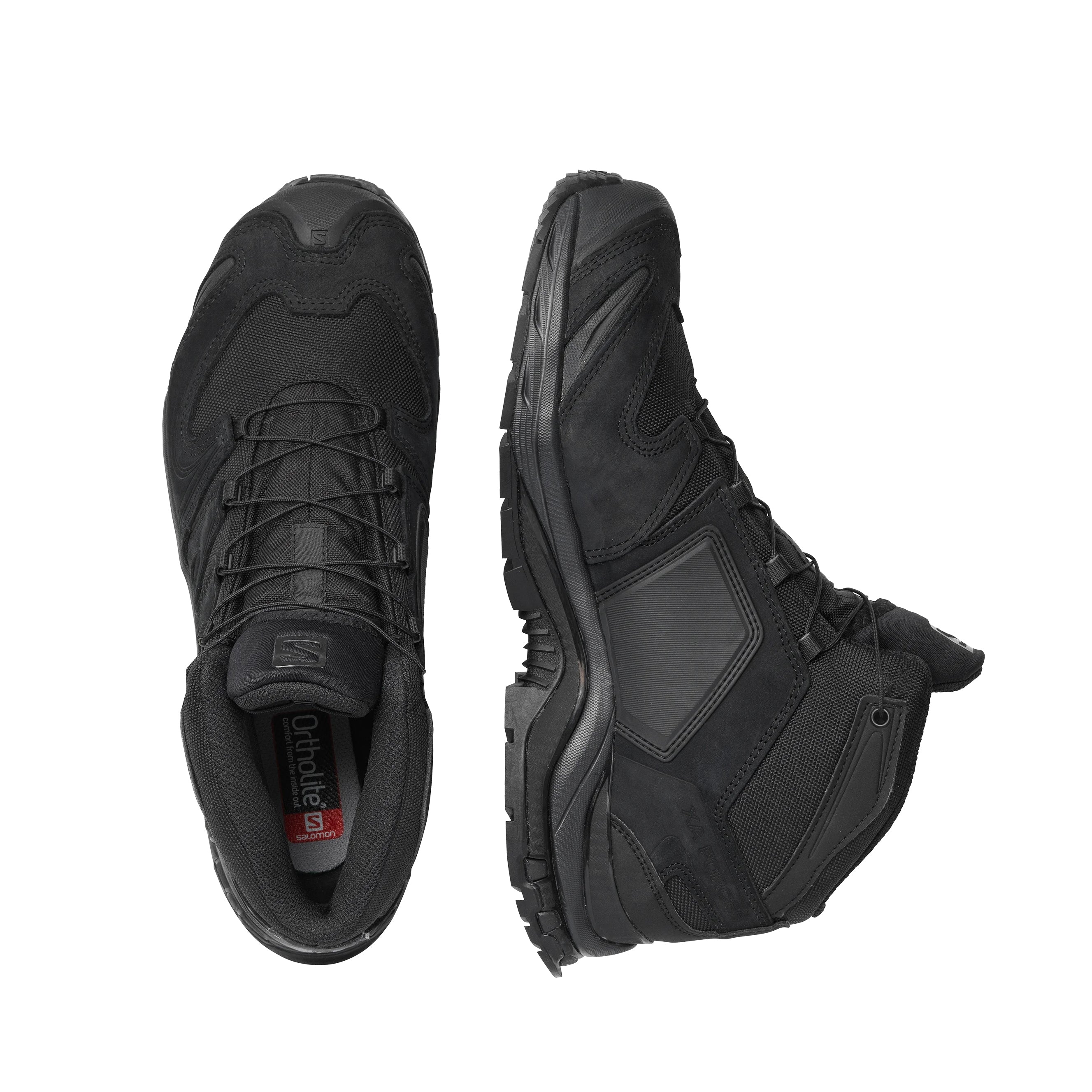 Pair of Black Salomon XA Forces Mid boots showcasing the athletic profile, supportive mid-height design, and tactical performance features.