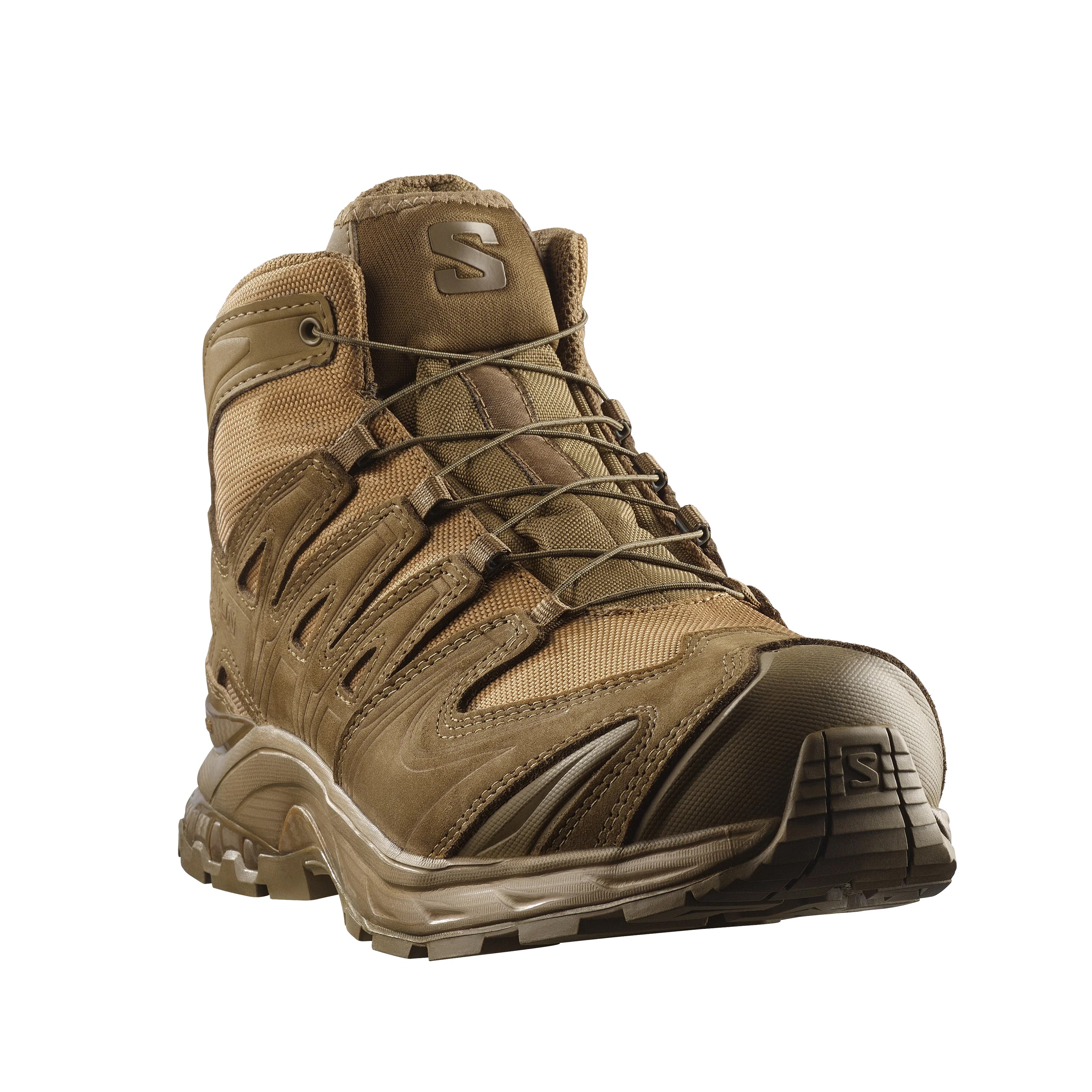 Front angled view of the Salomon XA Forces Mid in Coyote Brown highlighting the Quicklace system and protective upper.