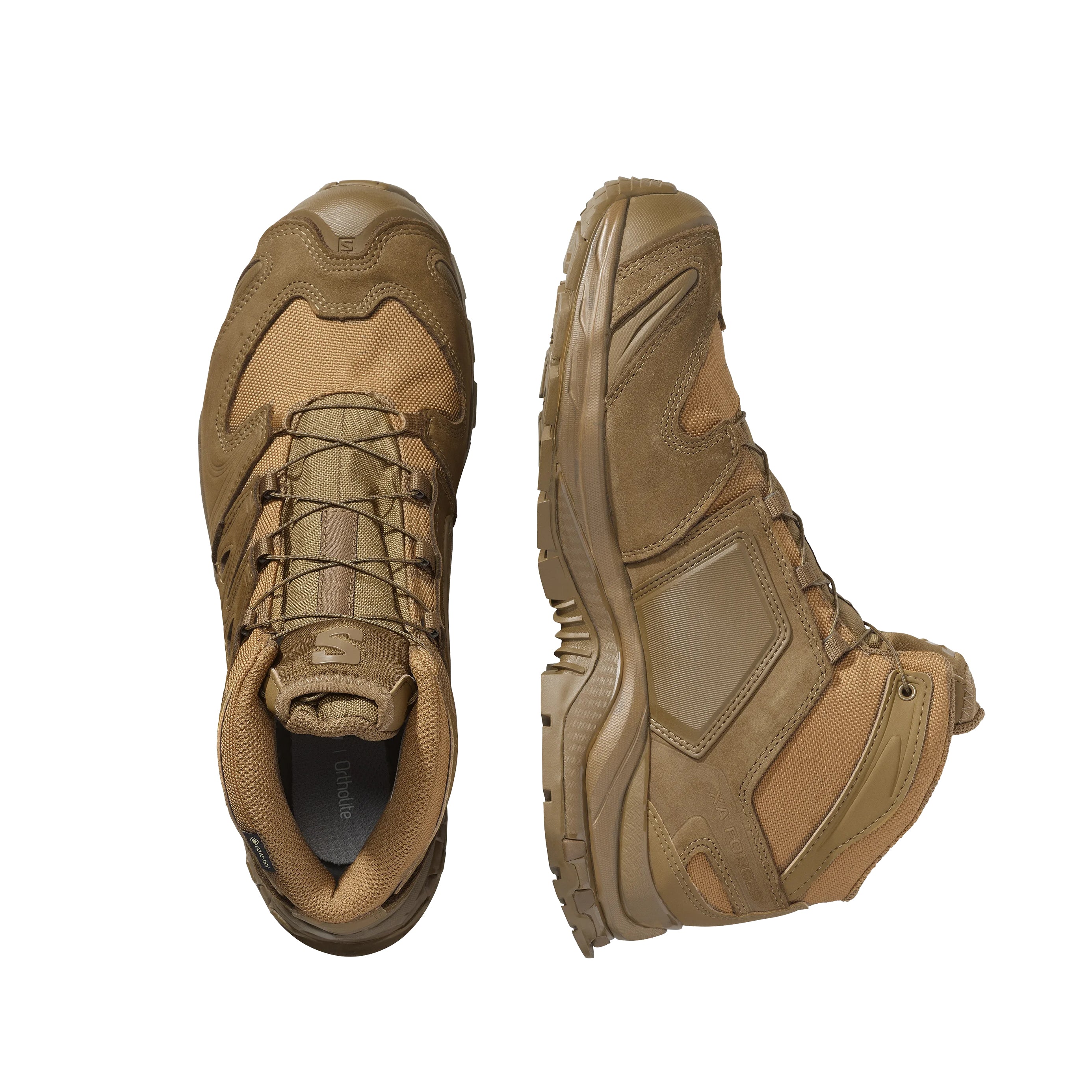 Pair of Salomon XA Forces Mid boots in Coyote Brown showcasing lightweight construction and tactical mobility.