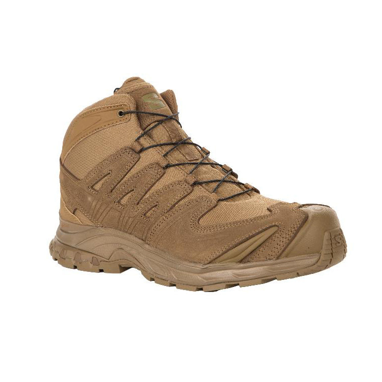 Side profile of the Salomon XA Forces Mid in Coyote Brown designed for military operations, patrol work, and rugged terrain.