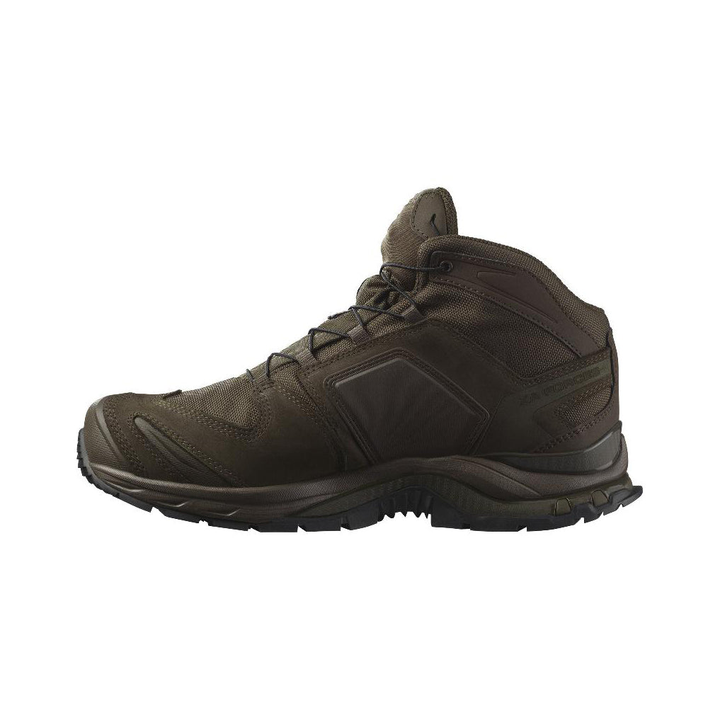 Side profile of the Salomon XA Forces Mid in Earth Brown featuring a lightweight tactical design, stable chassis system, and mid-height ankle support for demanding field environments.