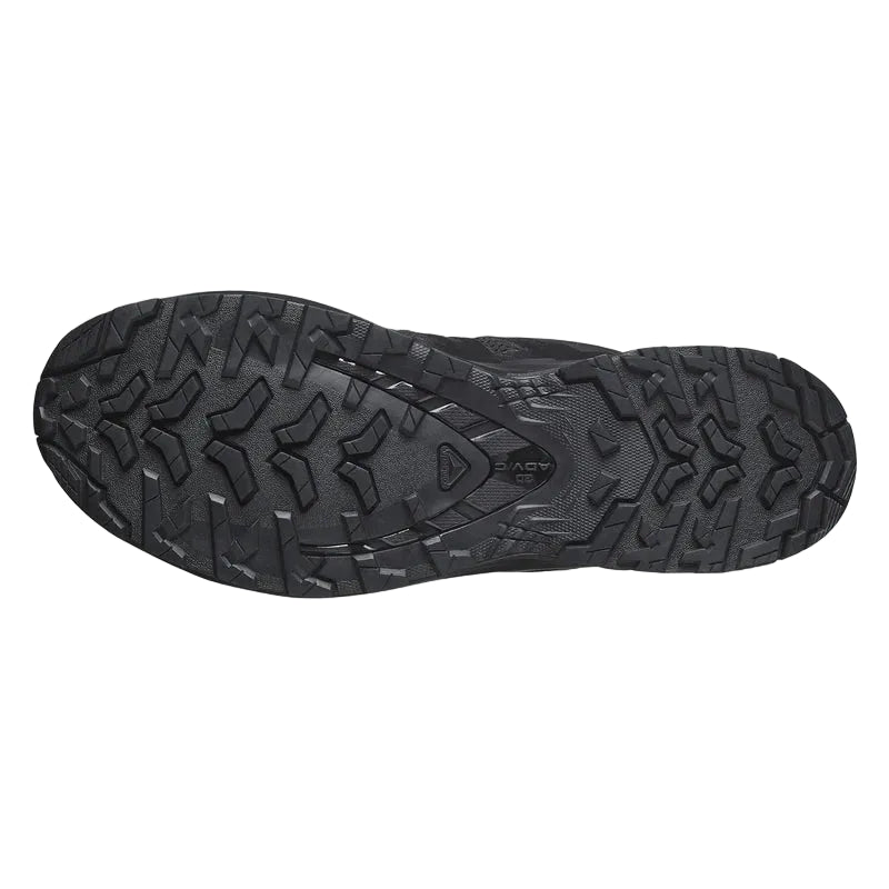 Bottom view of Salomon XA Pro Forces Black shoe displaying All Terrain Contagrip outsole with aggressive traction pattern for wet and dry surfaces