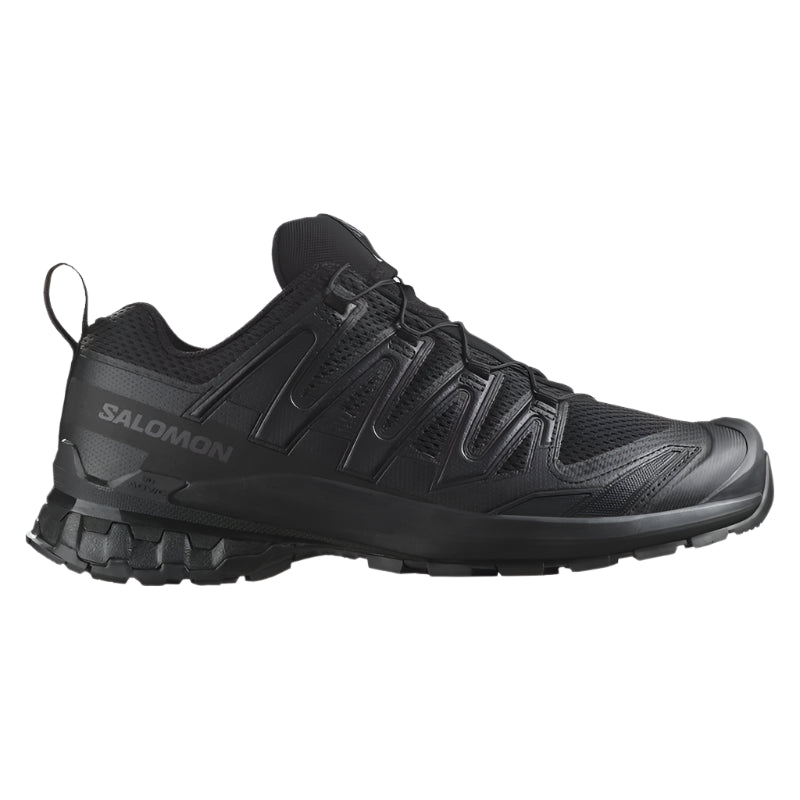 Side profile of Salomon XA Pro Forces Black tactical shoe showing stable chassis design, reinforced toe cap, and abrasion resistant upper