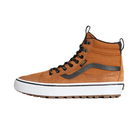 Brown high-top sneaker with black accents on a light gray background