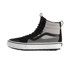 Black and gray high-top sneaker on a light beige background