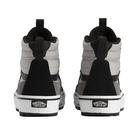 Pair of high-top sneakers with a black and white design on a light gray background