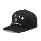 High-profile Seager snapback hat in black with classic embroidered branded logo and cotton-poly blend for durability.