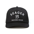 Seager Branded Snapback in Black featuring structured high-profile fit, embroidered logo, and adjustable snapback closure.