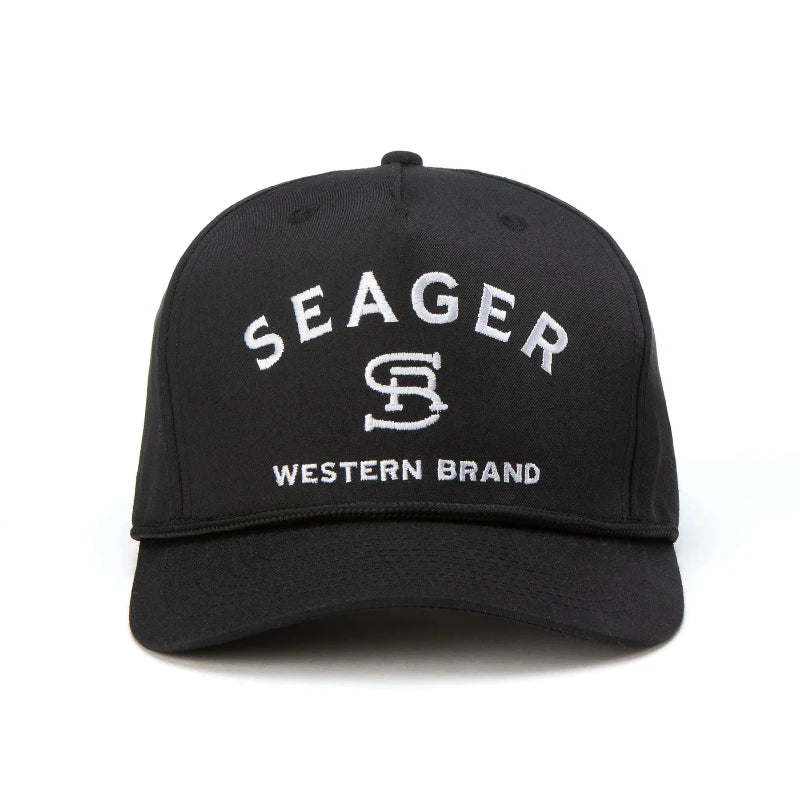 Seager Branded Snapback in Black featuring structured high-profile fit, embroidered logo, and adjustable snapback closure.