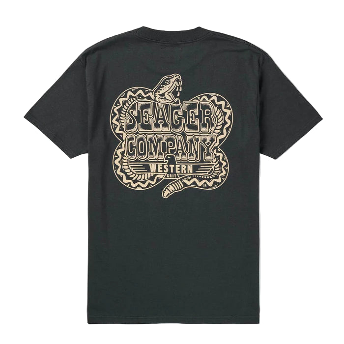 Seager Rattler Tee in vintage black with coiled rattlesnake western logo on back