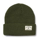 Army Green Seager Service Waffle Knit 2.0 Beanie shown in a clean product shot, highlighting its heavyweight acrylic wool construction, waffle-knit warmth, and classic Seager label. Ideal for searches related to cold weather beanies, USA-made winter hats, and durable outdoor headwear.