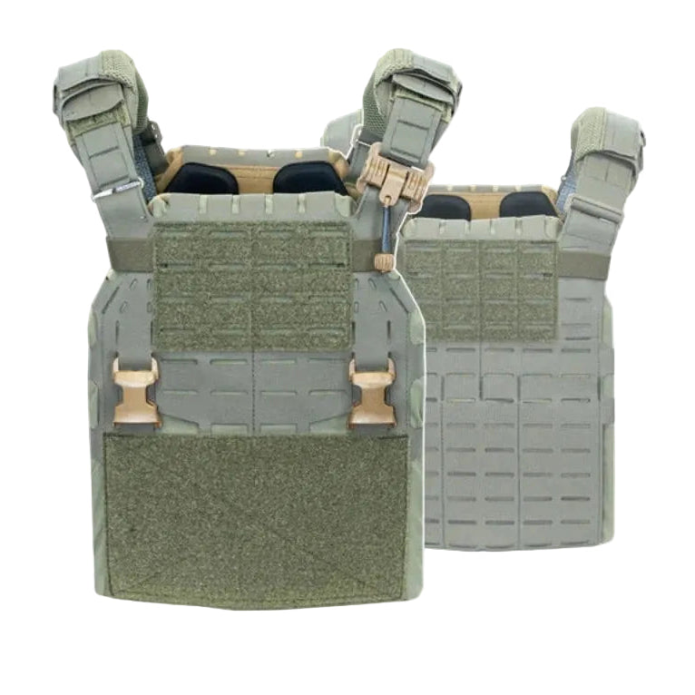 Shaw Concepts ARC Carrier V2 Base in Ranger Green modular plate carrier chassis without cummerbund, scalable combat plate carrier platform with Spider System plate adjustment, StratusFit foam padding, and placard compatible front panel built for military combat gear and law enforcement duty setups made in the USA