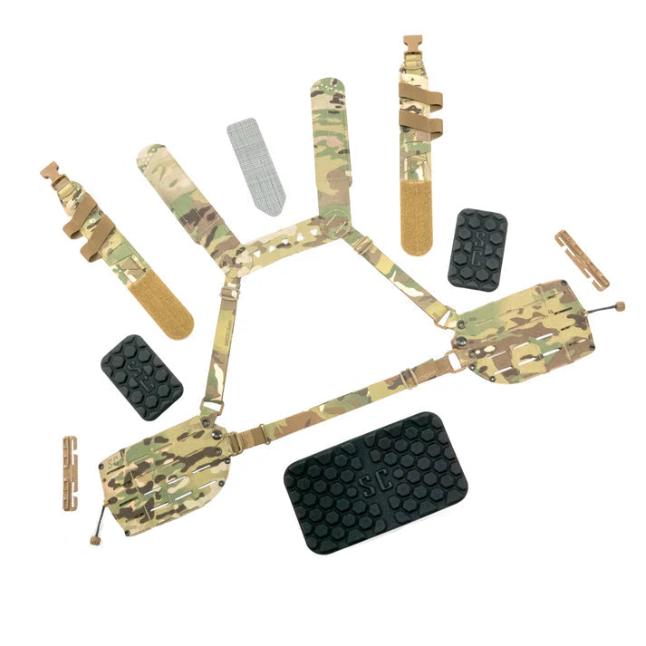 Components included with the Shaw Concepts ARC Chest Rig Kit V2, including the H-harness, S-LOK wings, back strap, shoulder straps, and mounting hardware.