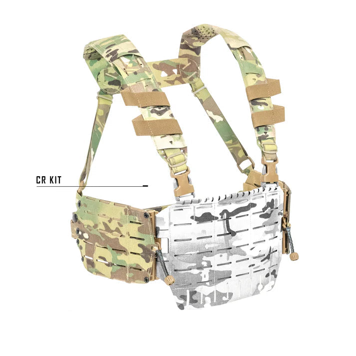 Shaw Concepts ARC Chest Rig Kit V2 in Multicam displaying all included components, including the H-harness, S-LOK wings, shoulder straps, rear strap, mounting hardware, and accessory pieces for converting compatible placards into a complete chest rig.