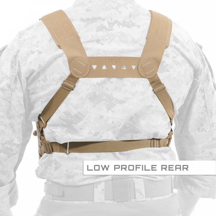 Rear view of the Shaw Concepts ARC Chest Rig Kit V2 being worn, showing the ventilated H-harness, StratusFit shoulder padding, and adjustable rear strap system.