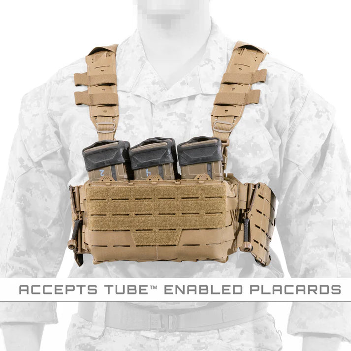 Front view of the Shaw Concepts ARC Chest Rig Kit V2 worn with rifle magazines installed, demonstrating the low-profile fit and modular placard integration.