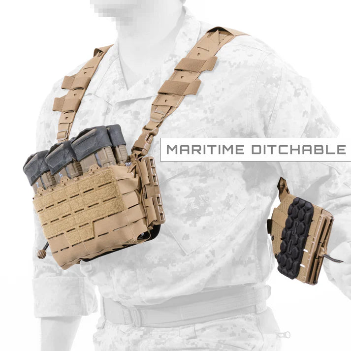 Side profile of the Shaw Concepts ARC Chest Rig Kit V2 being worn, highlighting the S-LOK wing attachment, placard positioning, and streamlined load carriage.