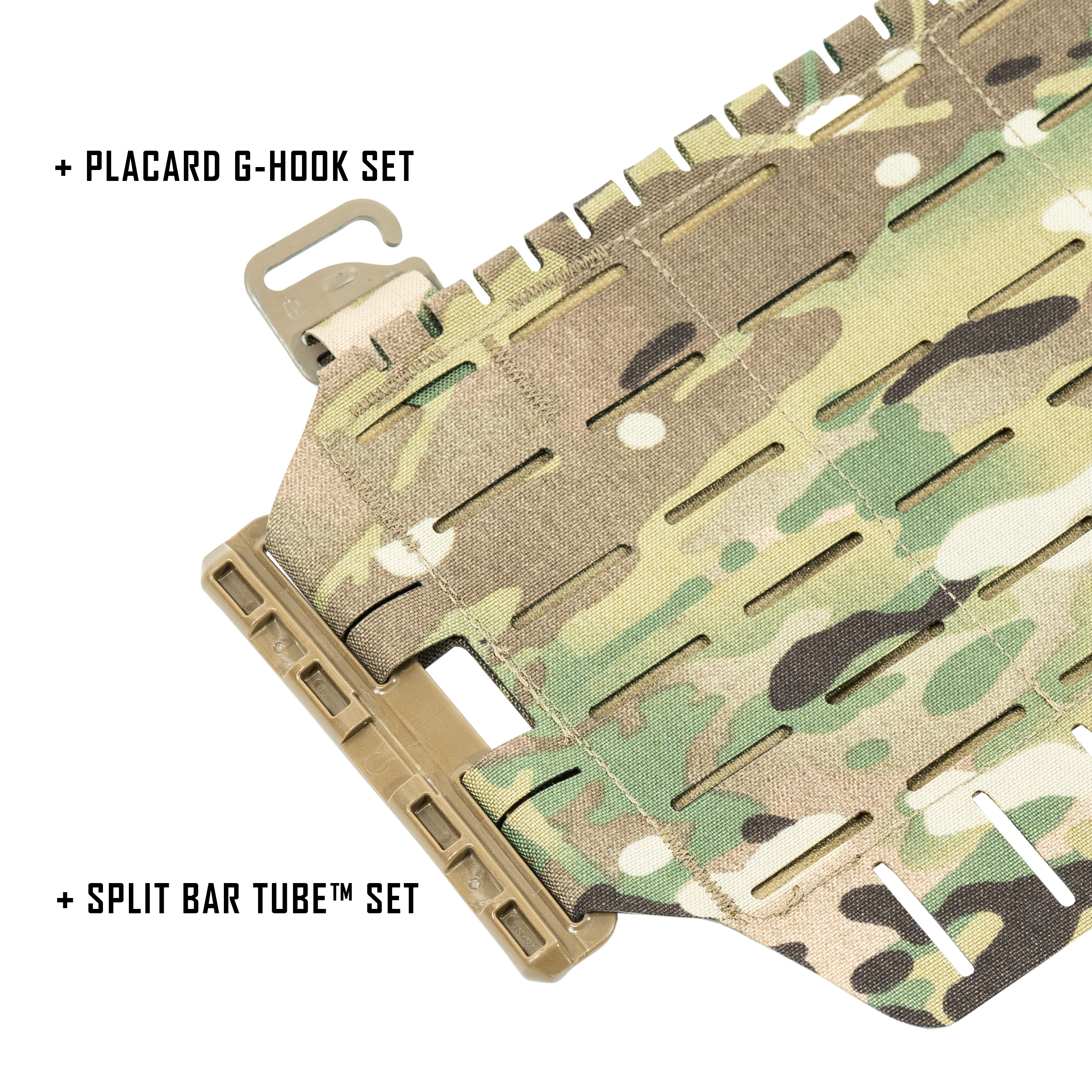 Angled close-up of the Shaw Concepts ARC MOLLE Placard in Multicam showcasing the MOLLE webbing, reinforced construction, G-hook attachment points, and modular design.