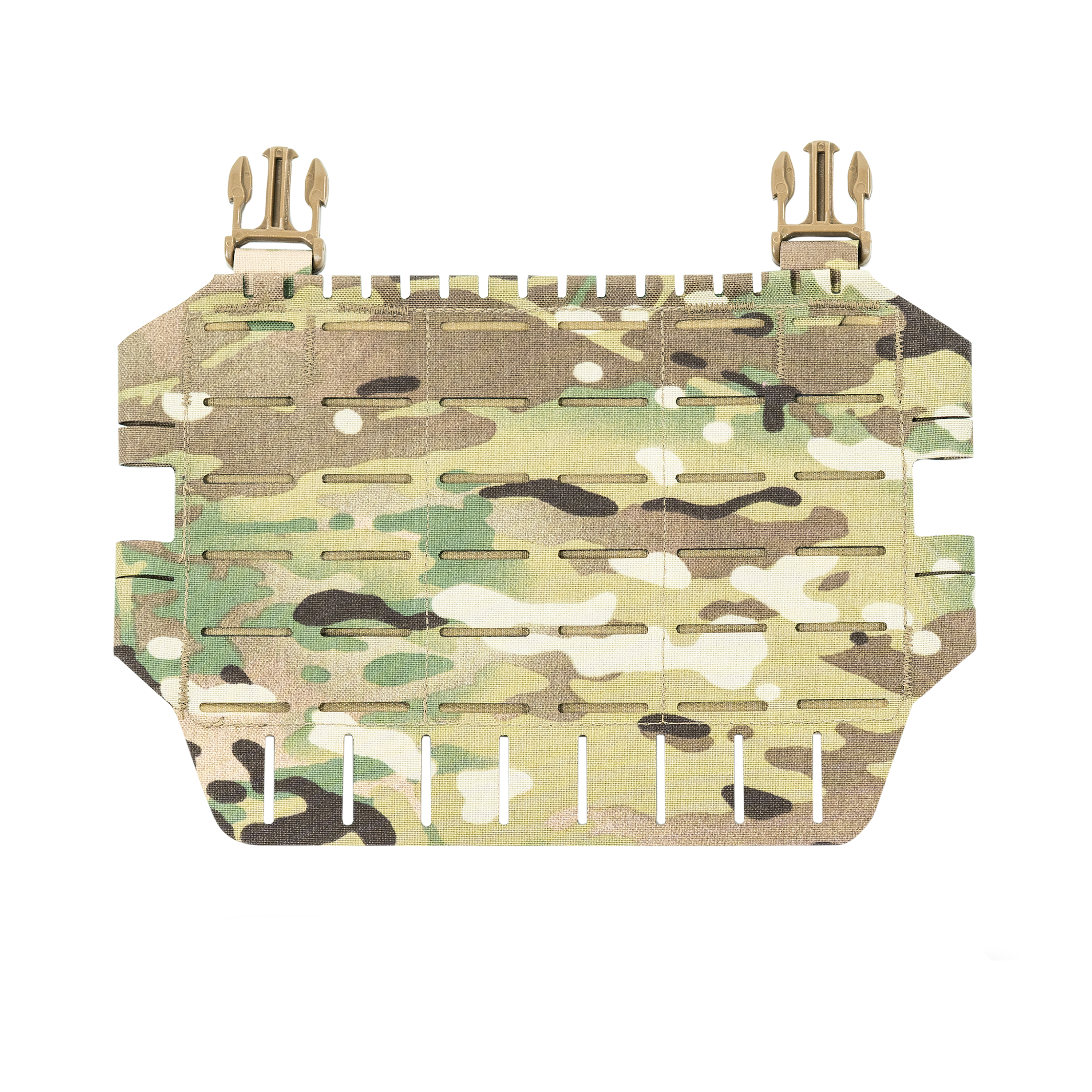 Front view of the Shaw Concepts ARC MOLLE Placard in Multicam highlighting the six-column by five-row MOLLE field and lower horizontal MOLLE attachment row.