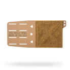An Arc Molle Wing tactical plate made of tan sturdy material with pre-cut slots, a hook-and-loop fastening section, and 'ARC MOLLE WING MADE IN THE USA' printed on the side, shown on a white background with a soft shadow.