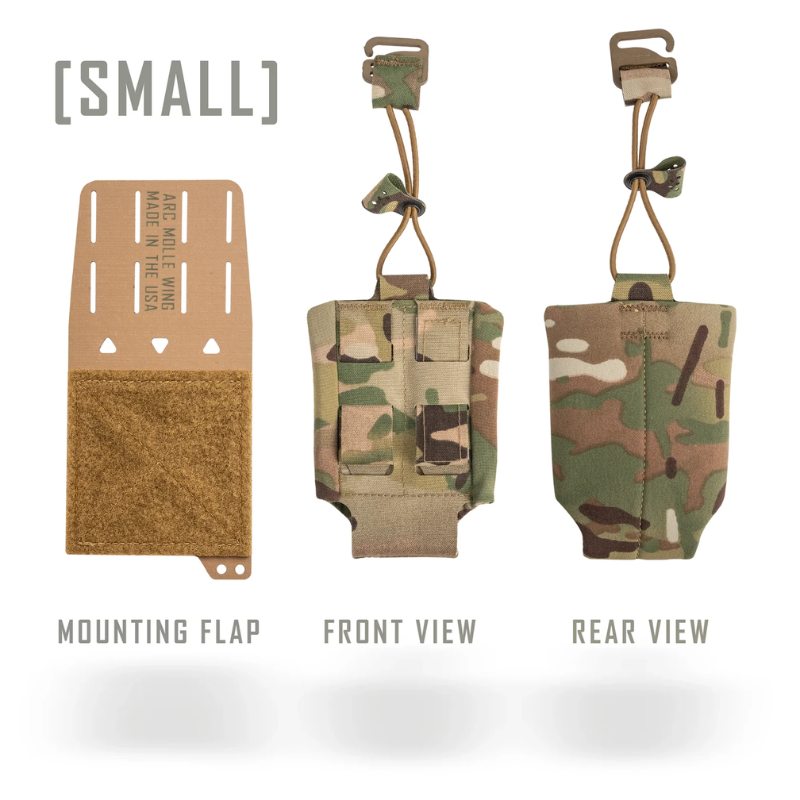 Small tactical pouch and wing shown in three views on a white background: mounting flap, front view, and rear view. The pouches are in multicam camouflage fabric with tan webbing and plastic clips, and the image includes labeled views and a small text overlay reading [SMALL].