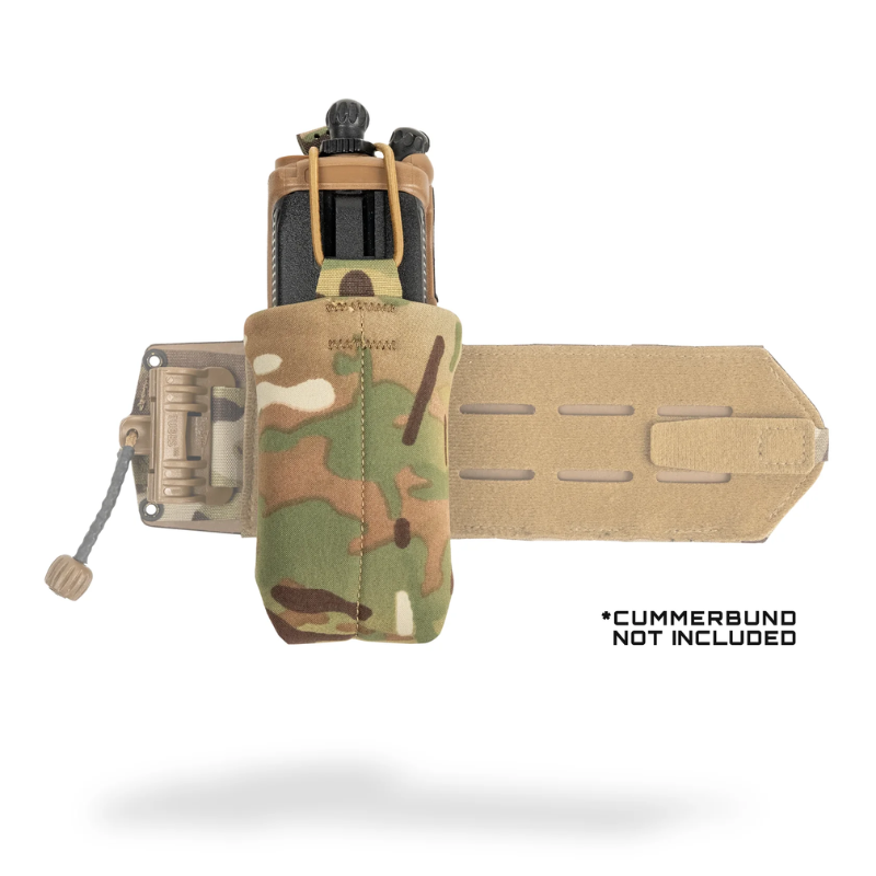 A tactical radio pouch with a camouflage pattern on the front pocket and a tan webbing strap, shown on a white background with a text overlay that says '*CUMMERBUND NOT INCLUDED'.