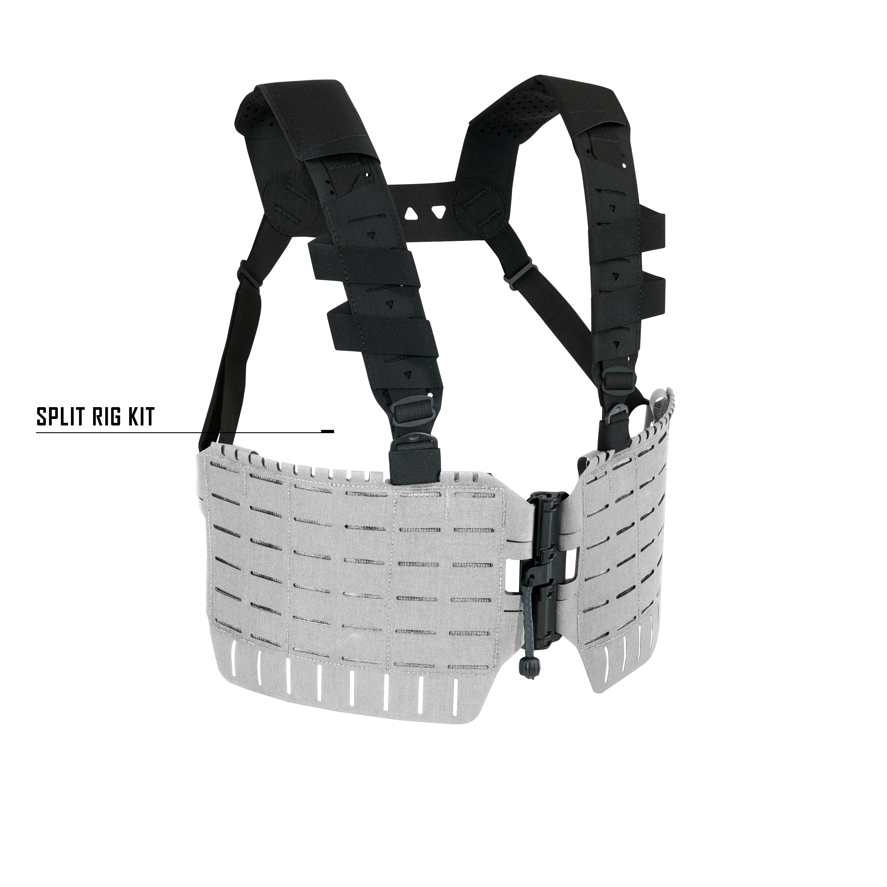 Shaw Concepts ARC Split Rig Kit in Black featuring a split-front modular chest rig with ARC MOLLE Placards and a padded H-harness.