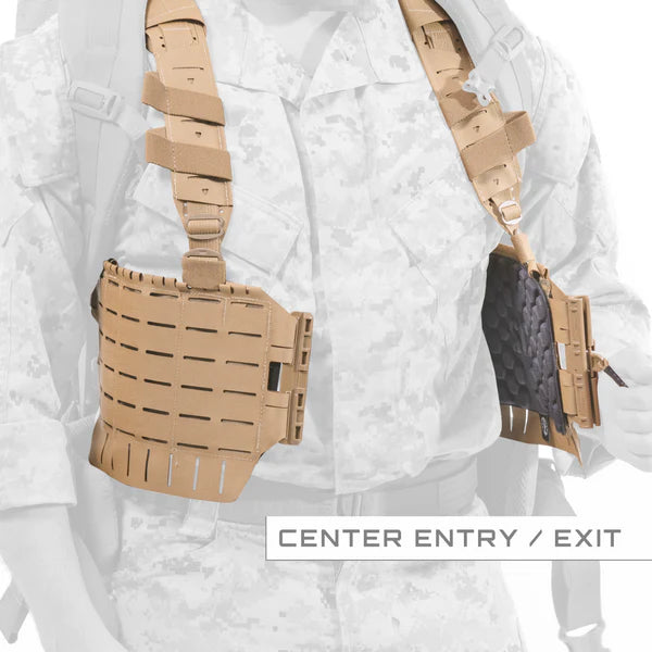 Front view of a model wearing the Shaw Concepts ARC Split Rig Kit demonstrating the split-front center entry design with dual ARC MOLLE Placards and First Spear Tube integration for quick access and easy donning.