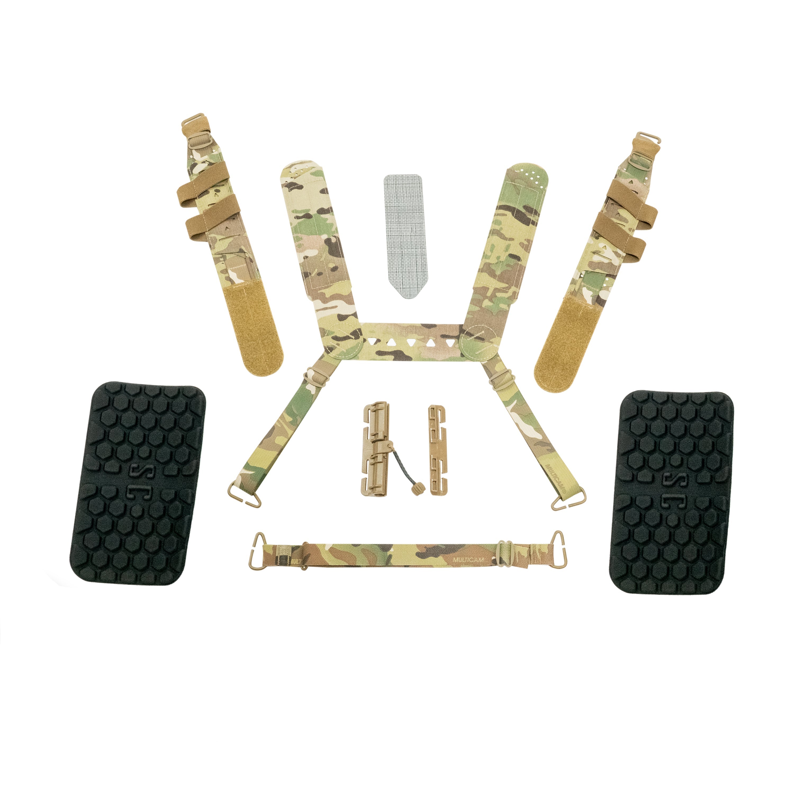 Included components of the Shaw Concepts ARC Split Rig Kit showing the H-harness, back strap, hardware, padding, and mounting accessories.