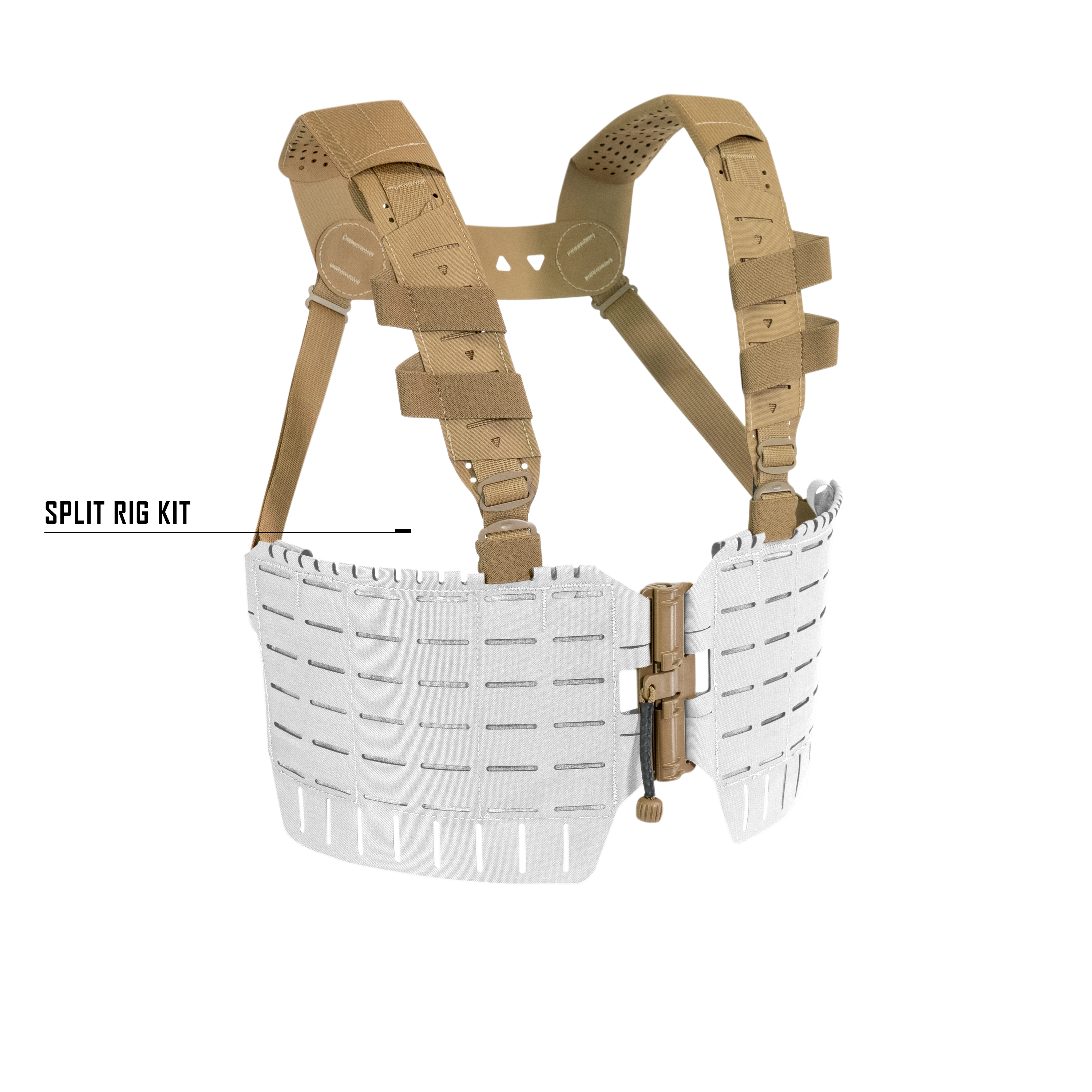 Shaw Concepts ARC Split Rig Kit in Coyote featuring a modular split-front chest rig with ARC MOLLE Placards and First Spear Tube compatibility.