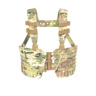 Front view of the Shaw Concepts ARC Split Rig Kit in Multicam configured with ARC MOLLE Placards and a split-front modular chest rig layout.