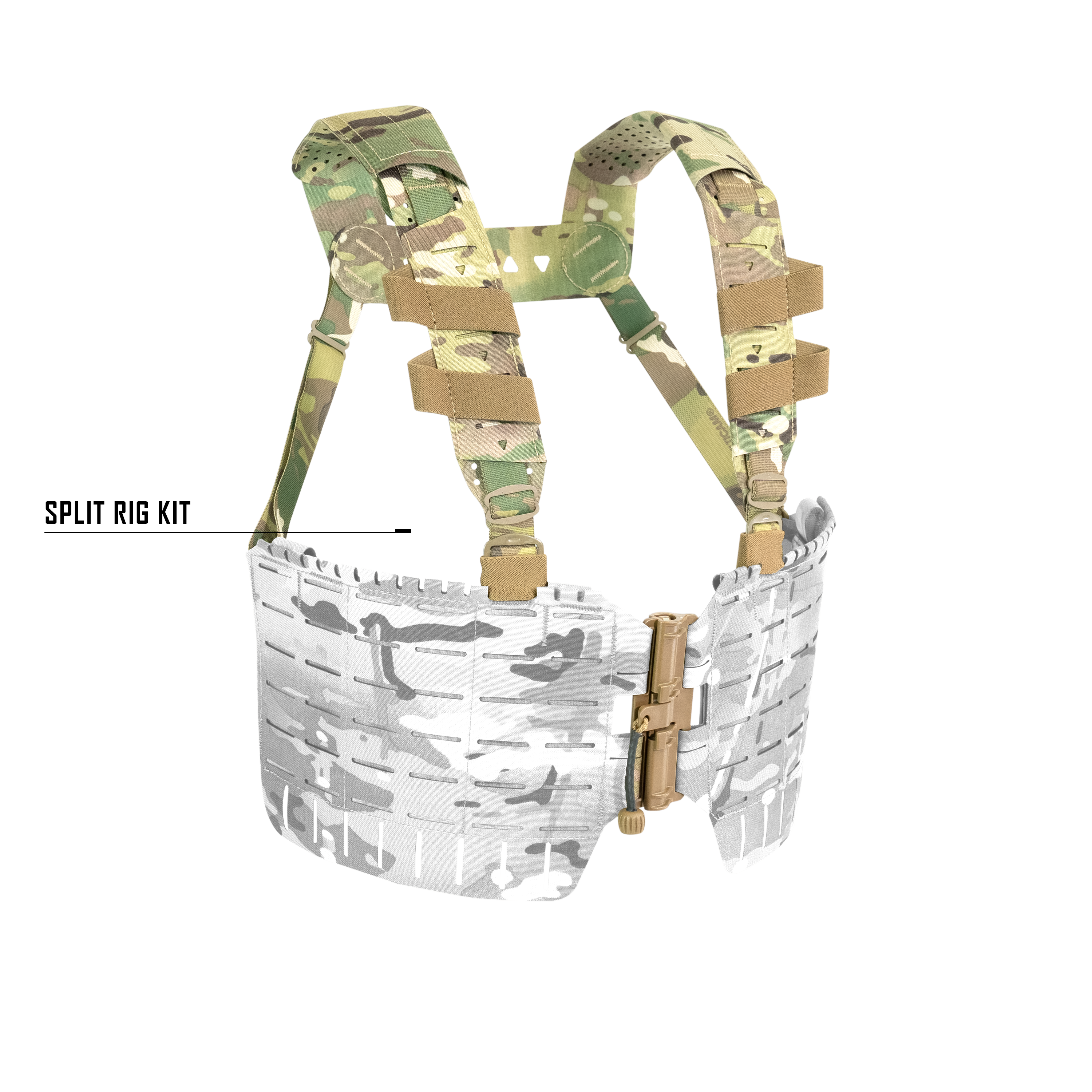 Shaw Concepts ARC Split Rig Kit in Multicam featuring a split-front chest rig, modular ARC MOLLE Placards, StratusFit padded H-harness, and First Spear Tube integration.