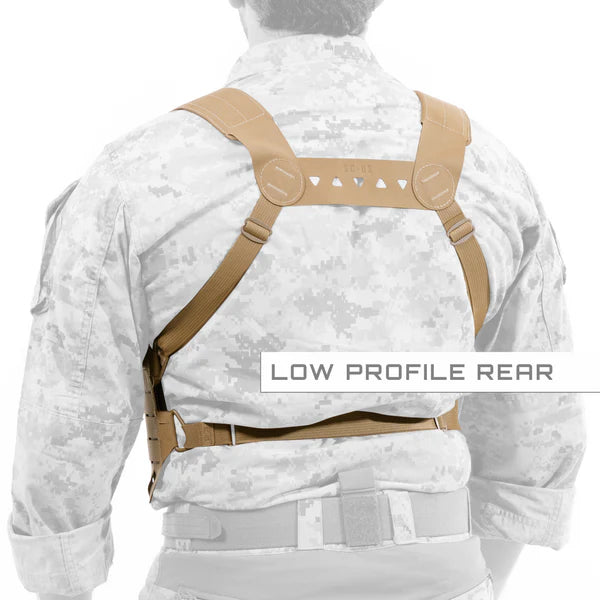 Rear view of a model wearing the Shaw Concepts ARC Split Rig Kit highlighting the padded H-harness, rear elastic adapter, and breathable harness layout.