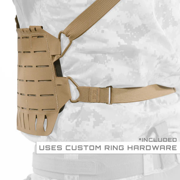Side profile of a model wearing the Shaw Concepts ARC Split Rig Kit showing the low-profile design and compatibility with backpacks and extended patrol use.