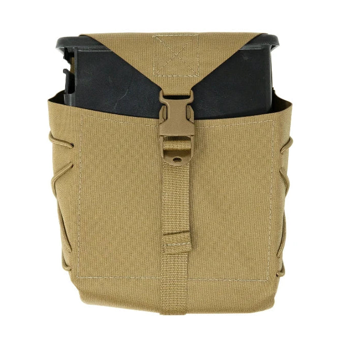 Shaw Concepts BFG Pouch shown fully loaded and secured with quick access buckle closure, highlighting adjustable cinch strap and Tegris reinforced structure, MOLLE compatible belt fed ammo and heavy utility pouch for plate carriers and machine gun loadouts
