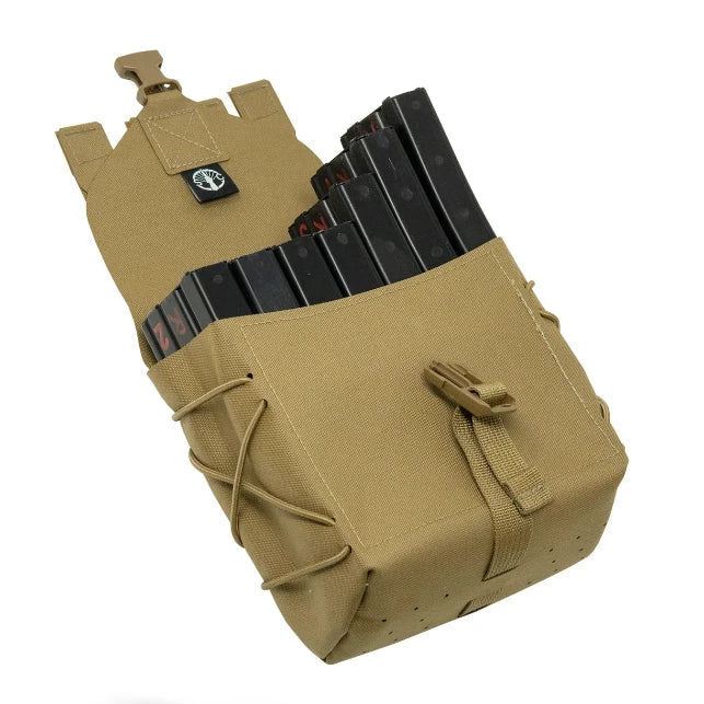 Shaw Concepts BFG Pouch shown loaded with multiple rifle magazines, highlighting large capacity interior and Tegris reinforced structure, MOLLE compatible belt fed ammo and utility pouch for plate carriers, battle belts, and machine gun support loadouts