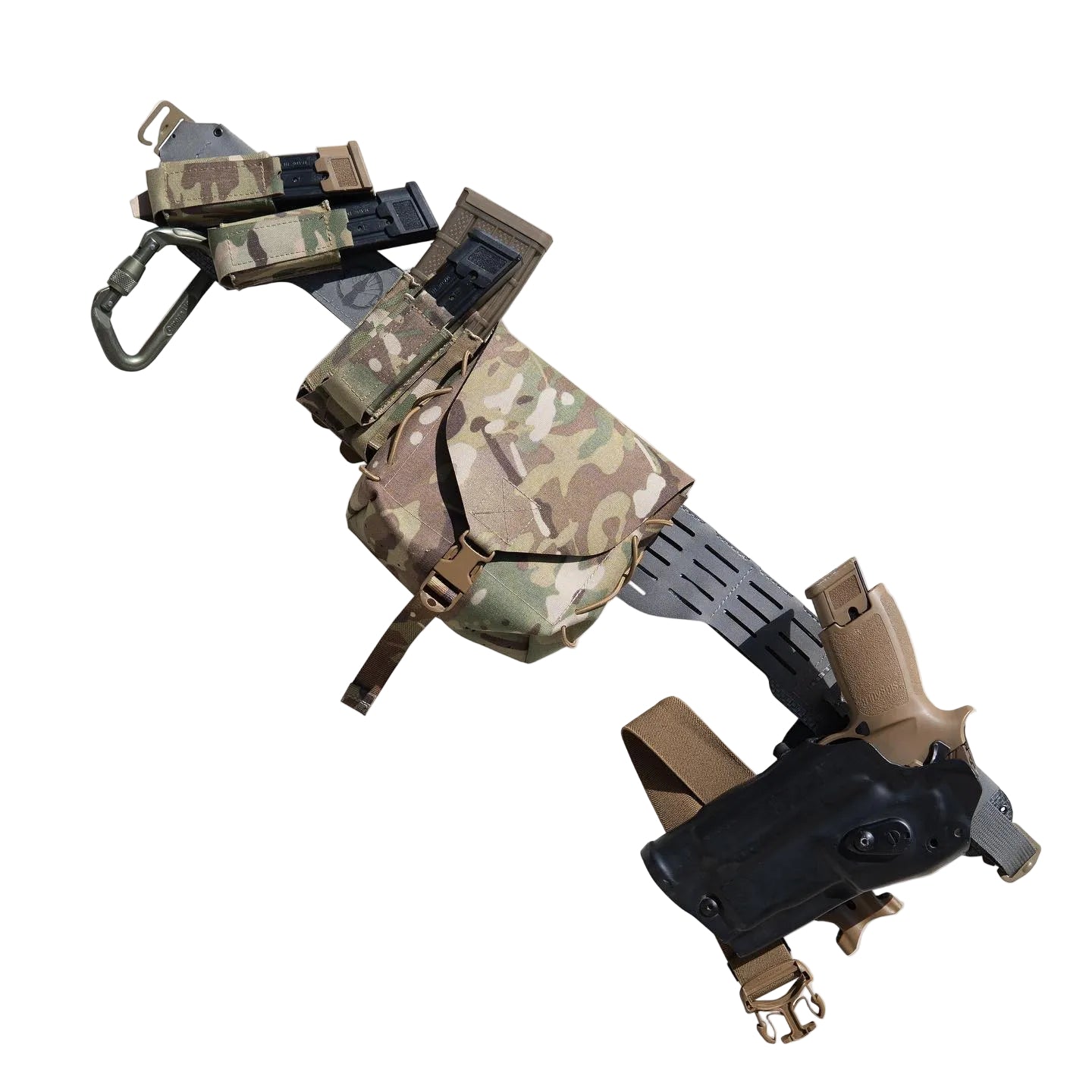 Shaw Concepts BFG Pouch mounted on a tactical battle belt setup, showing MOLLE PALS compatibility and large capacity belt fed ammo storage for machine gun support, rifle magazines, and heavy duty range or combat loadouts