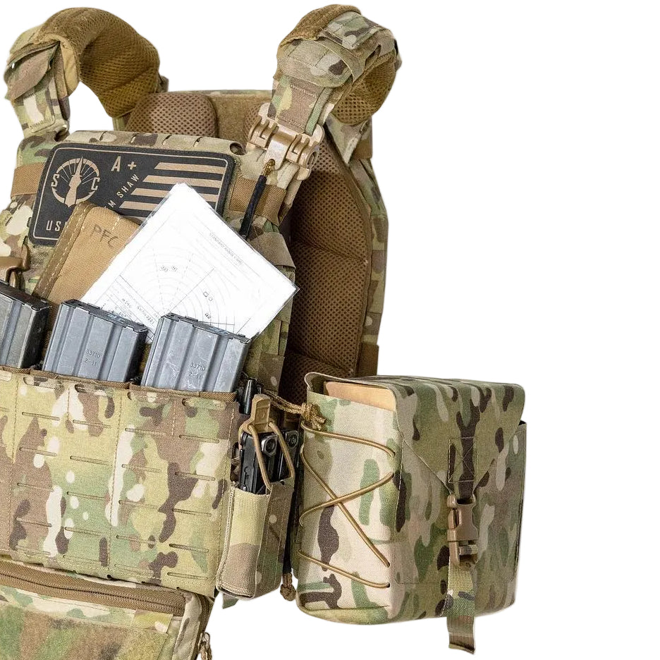 Shaw Concepts BFG Pouch mounted on a plate carrier using MOLLE PALS webbing, showing large capacity belt fed ammo and utility storage integrated into a tactical combat loadout for machine gun support and heavy duty operations