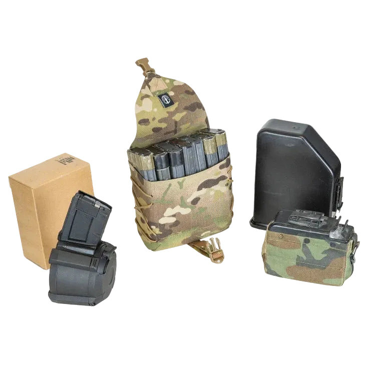 Shaw Concepts BFG Pouch shown in use holding belt fed ammunition, rifle magazines, ammo boxes, and general purpose gear, highlighting large capacity Tegris reinforced MOLLE utility pouch integrated into a machine gun support and tactical combat loadout