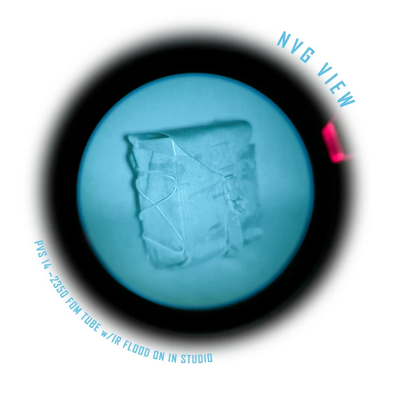 Night vision image of Shaw Concepts BFG Pouch mounted on load bearing gear, showing low visibility construction and minimal IR signature, large capacity belt fed ammo and MOLLE utility pouch for machine gun and combat support setups