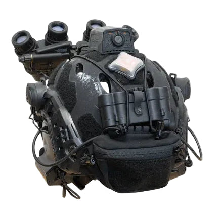 Shaw Concepts BRAIN Pouch in Black mounted on combat helmet for NVG counterweight and battery storage, low drag helmet pouch with cable pass through and secure retention built for military combat gear, law enforcement duty helmets, and professional night vision operations made in the USA