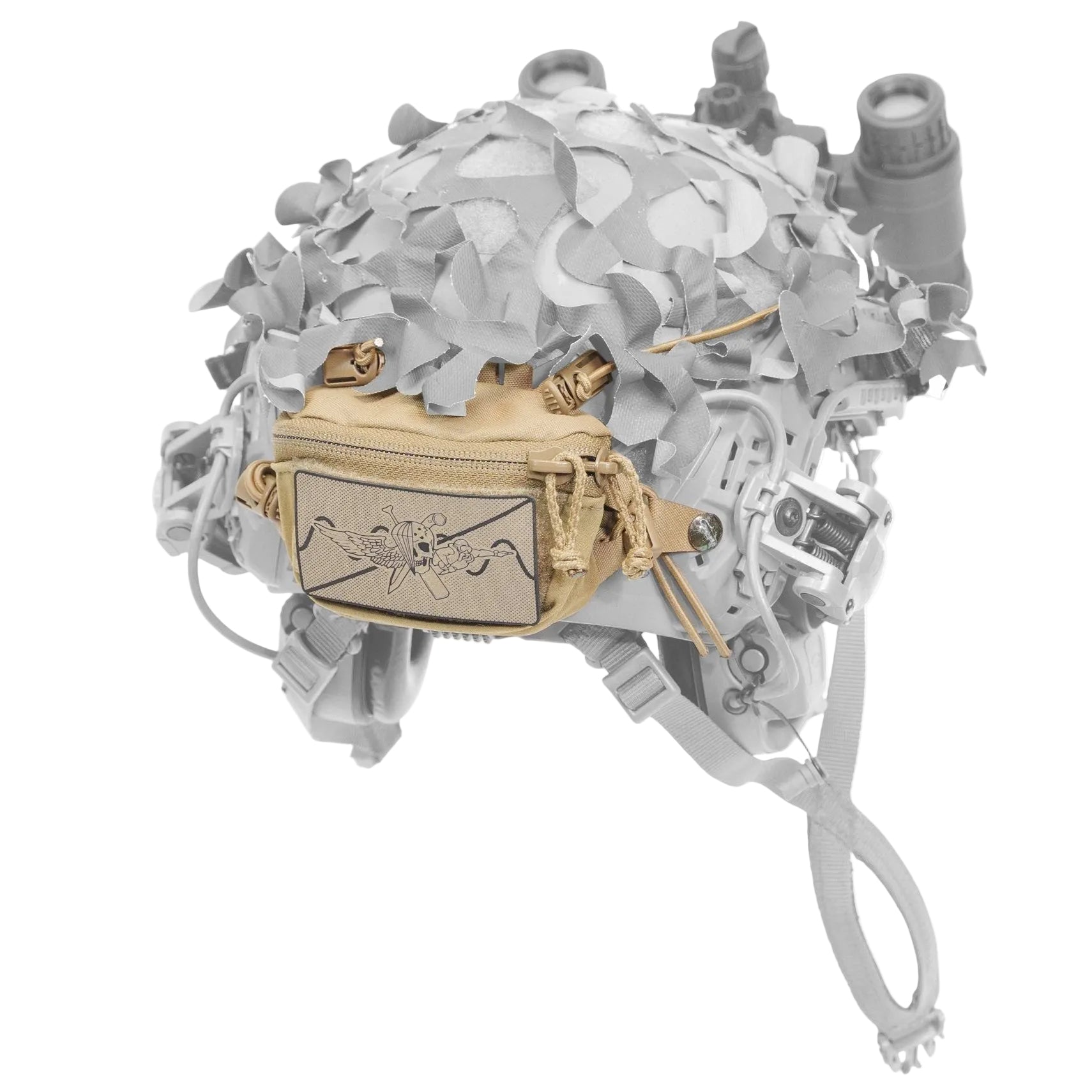 Shaw Concepts BRAIN Pouch secured to combat helmet as NVG counterweight and battery storage pouch, low profile helmet accessory built for military combat gear, law enforcement duty helmets, and professional night vision operations with secure retention and cable management made in the USA