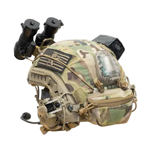 Shaw Concepts BRAIN Pouch in Multicam mounted on combat helmet, NVG counterweight and battery storage pouch with stretch compression retention and cable routing built for military helmet setups, law enforcement duty gear, and night vision tactical operations made in the USA
