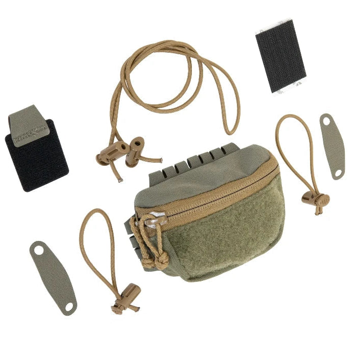 Shaw Concepts BRAIN Pouch in Ranger Green configured with helmet accessories for NVG counterweight balance and battery storage, expandable low profile helmet pouch with cable routing and compression retention built for military combat gear, law enforcement duty helmets, and tactical night operations made in the USA