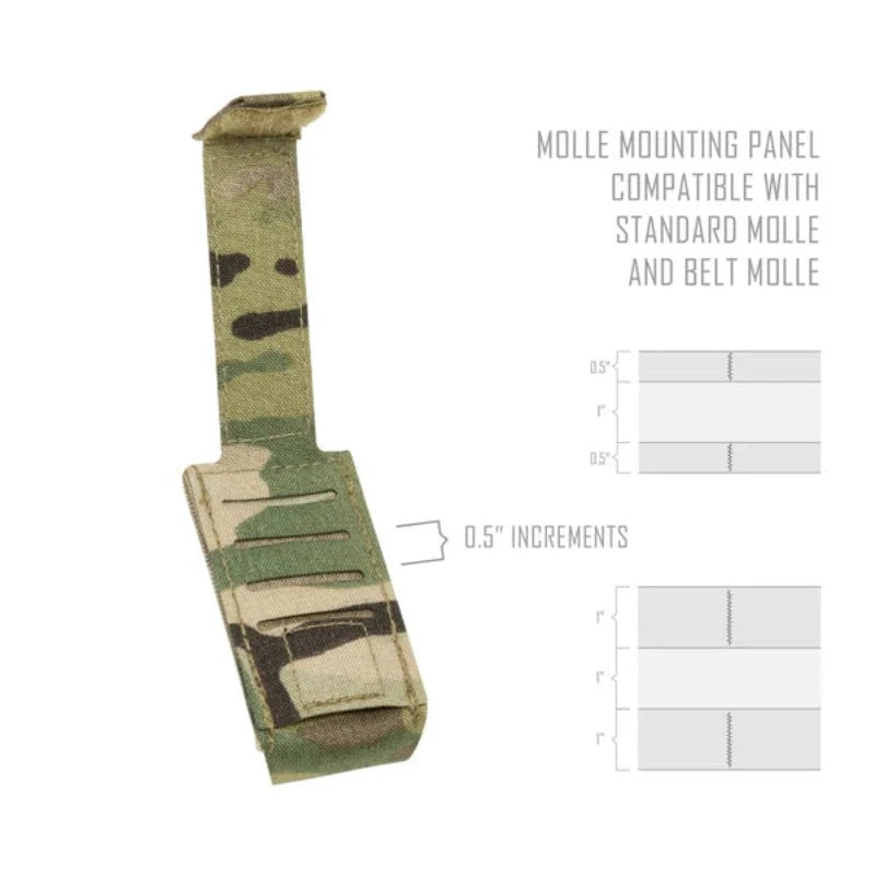 Graphic showing Shaw Concepts Double Elastic Pistol Pouch MOLLE and PALS mounting panel configuration, low profile elastic pistol magazine pouch requiring two PALS columns for secure attachment to tactical belts, plate carriers, and combat gear loadouts made in the USA