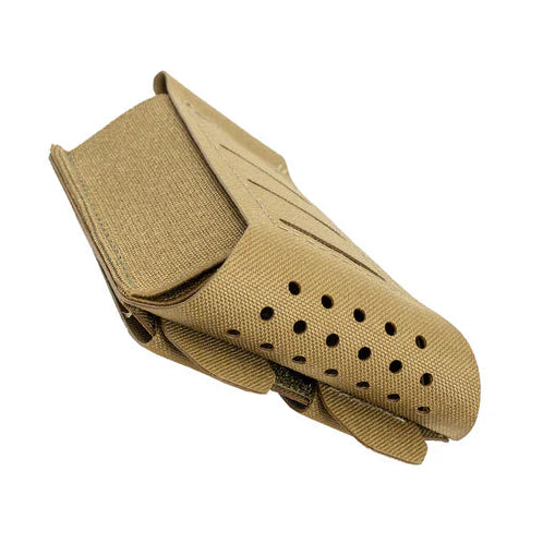 Bottom angle view of Shaw Concepts FLEX Pouch V2 in Coyote showing MOLLE PALS mounting interface and B52 Squadron laminate construction, low profile elastic rifle magazine pouch for plate carriers, battle belts, and professional tactical gear setups
