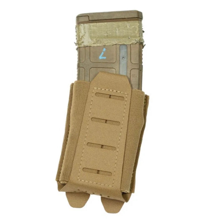 Shaw Concepts FLEX Pouch V2 in Coyote low profile elastic rifle magazine pouch with dual layer mil spec W5664 elastic and HANK friction liner, MOLLE compatible tactical rifle mag holder for battle belts, plate carriers, and combat gear loadouts made in the USA